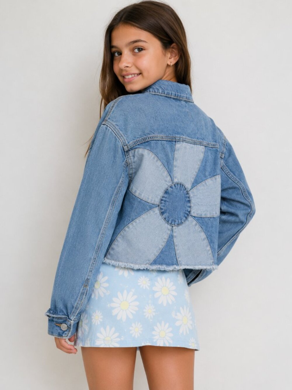 Old Navy Denim Jean Jacket Flower XL 14-16 Patchwork Cropped Blue Retro Y2K